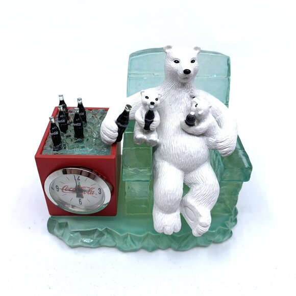 2003 Coca-Cola Mini Clock Polar Bear w/Cubs & Cooler CCM89 Tested Working 377 - Picture 2 of 16